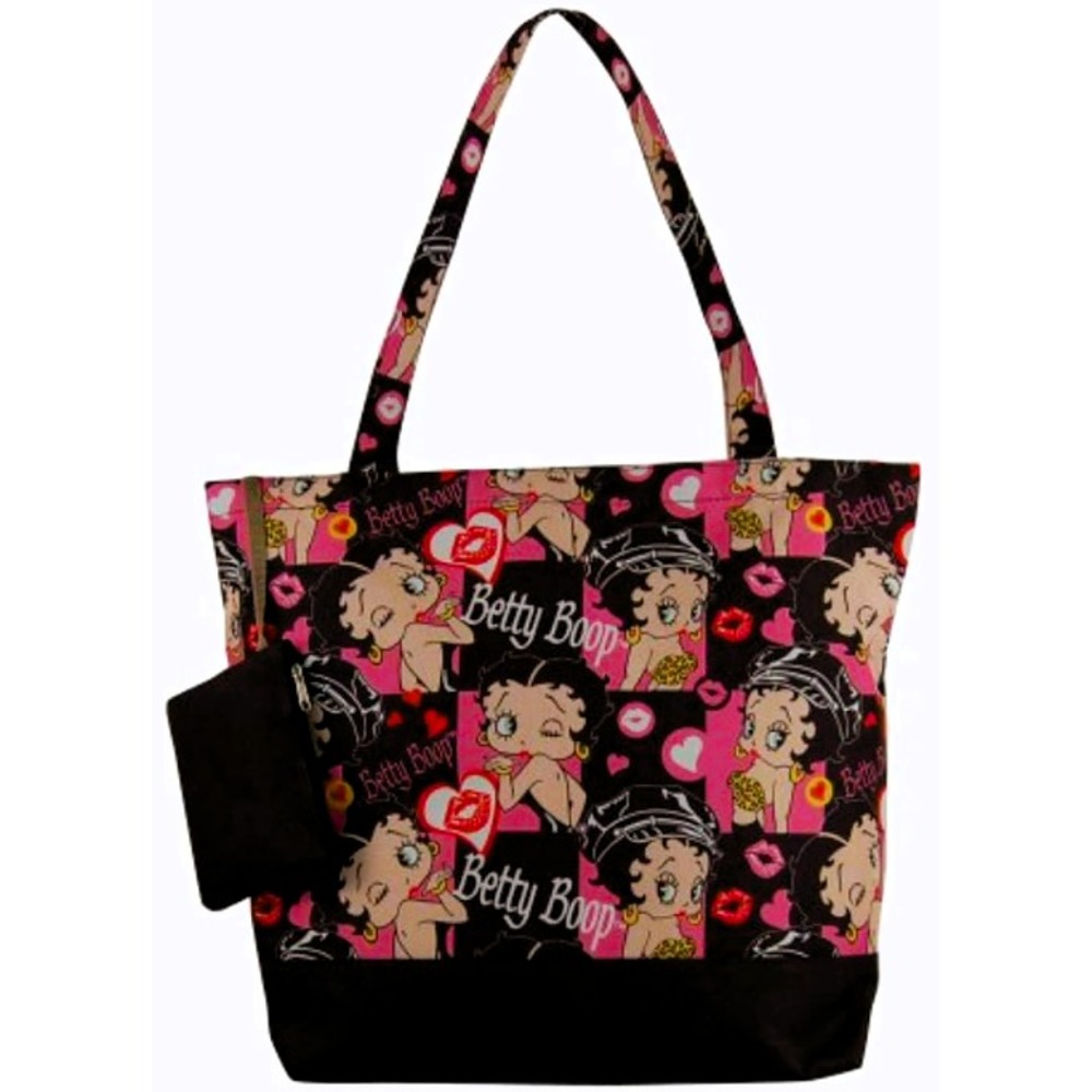 Betty Boop Black & Pink Heart Checkered Print Tote Bag with Attached Pouch NWT